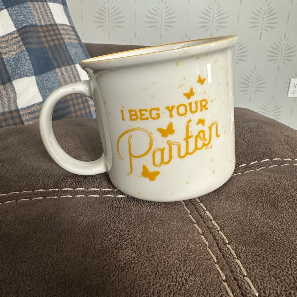 White Ceramic Mug with Mustard Yellow Script and Butterflies